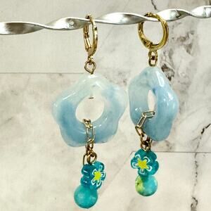Rachel Floral Earrings Blue Acrylic Hoop Flower Gold Tone Circle Dangle NYC